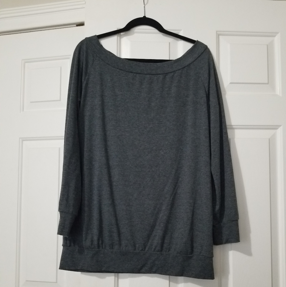 Gray, off the shoulder shirt